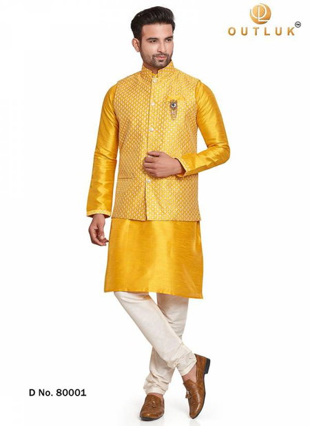 Yellow Colour Outluk Vol 80 Exclusive Silk Festive Wear Kurta Pajama With Jacket Mens Collection 80001